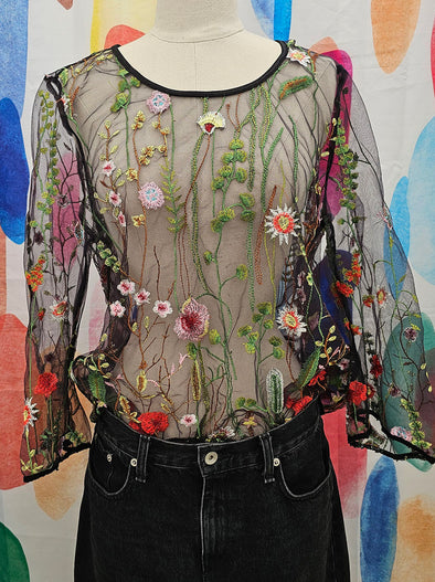 Lemon Tree Sheer Floral Embroided Black Top