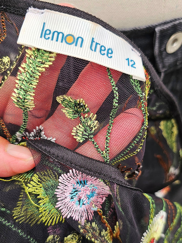 Lemon Tree Sheer Floral Embroided Black Top