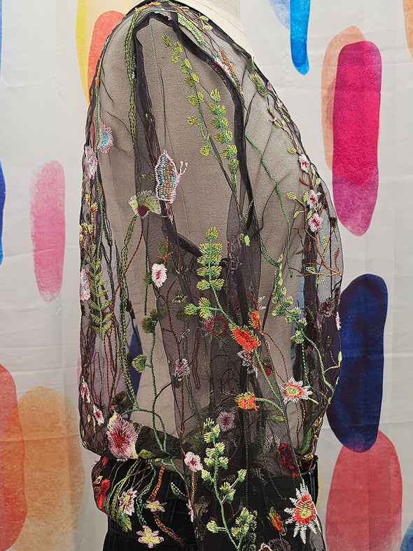 Lemon Tree Sheer Floral Embroided Black Top